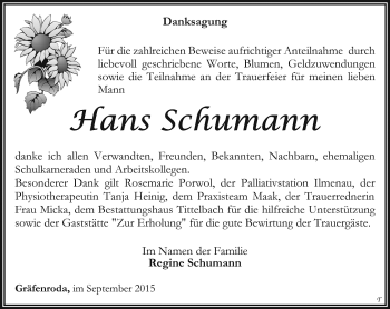 Traueranzeige von Hans Schumann von Thüringer Allgemeine