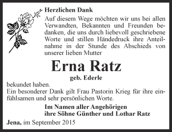 Traueranzeige von Erna Ratz von Ostthüringer Zeitung, Thüringische Landeszeitung