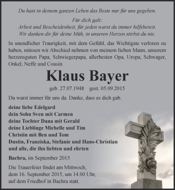 Traueranzeige von Klaus Bayer von Thüringer Allgemeine