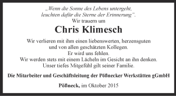 Traueranzeige von Chris Klimesch von Ostthüringer Zeitung