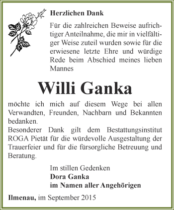 Traueranzeige von Willi Ganka von Thüringer Allgemeine