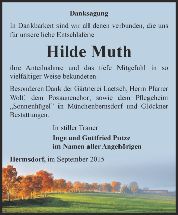 Traueranzeige von Hilde Muth von Ostthüringer Zeitung