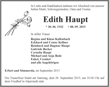 Traueranzeige von Edith Haupt