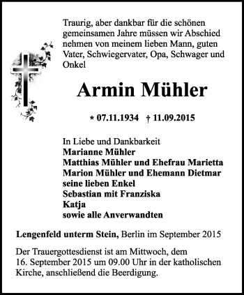 Traueranzeige von Armin Mühler von Thüringer Allgemeine, Thüringische Landeszeitung