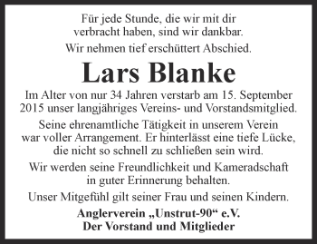 Traueranzeige von Lars Blanke von Thüringer Allgemeine