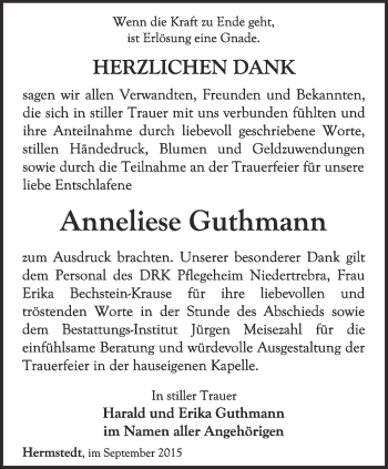 Traueranzeige von Anneliese Guthmann von Thüringer Allgemeine, Thüringische Landeszeitung