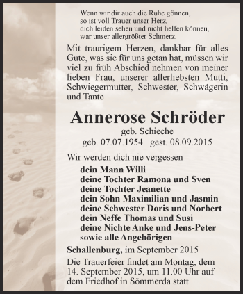 Traueranzeige von Annerose Schröder von Thüringer Allgemeine