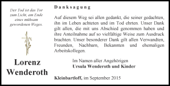 Traueranzeige von Lorenz Wenderoth von Thüringer Allgemeine