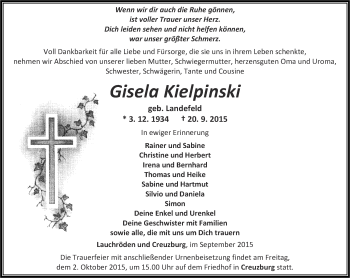 Traueranzeige von Gisela Kielpinski von Thüringer Allgemeine, Thüringische Landeszeitung