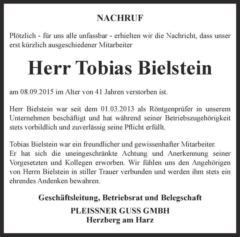  Traueranzeige für Tobias Bielstein vom 11.09.2015 aus Thüringer Allgemeine
