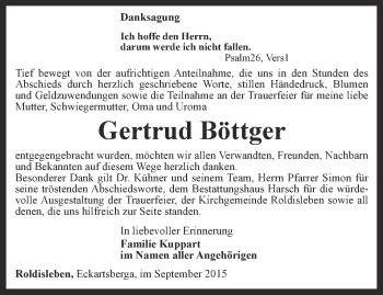 Traueranzeige von Gertrud Böttger von Thüringer Allgemeine