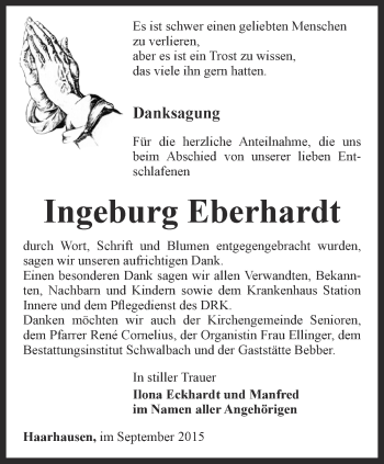 Traueranzeige von Ingeburg Eberhardt von Thüringer Allgemeine