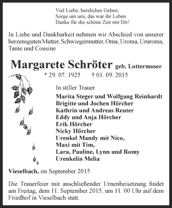 Traueranzeige von Margarete Schröter von Thüringer Allgemeine, Thüringische Landeszeitung