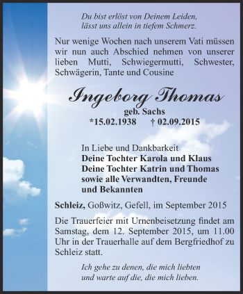Traueranzeige von Ingeborg Thomas von Ostthüringer Zeitung