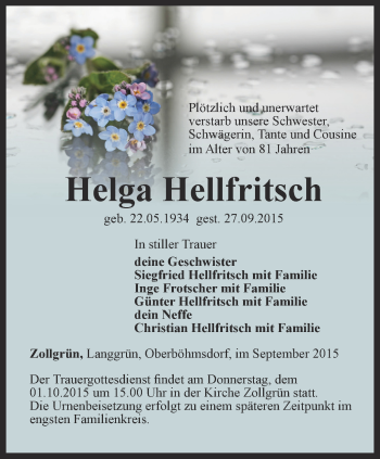 Traueranzeige von Helga Hellfritsch von Ostthüringer Zeitung