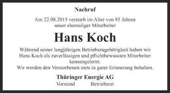 Traueranzeige von Hans Koch von Thüringer Allgemeine, Thüringische Landeszeitung