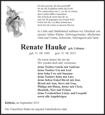 Traueranzeige von Renate Hauke von Thüringer Allgemeine