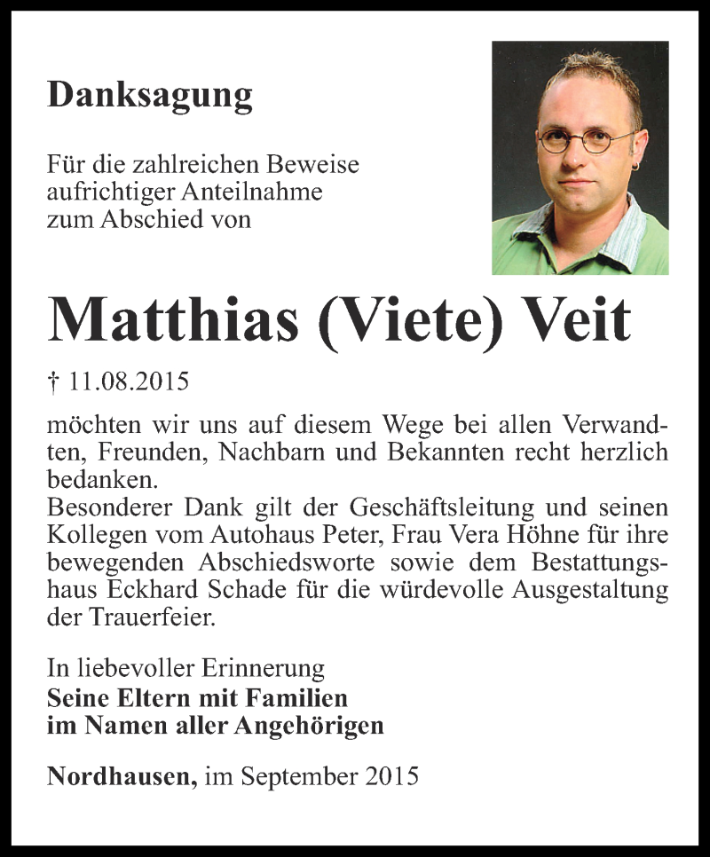  Traueranzeige für Matthias Veit vom 02.09.2015 aus Thüringer Allgemeine