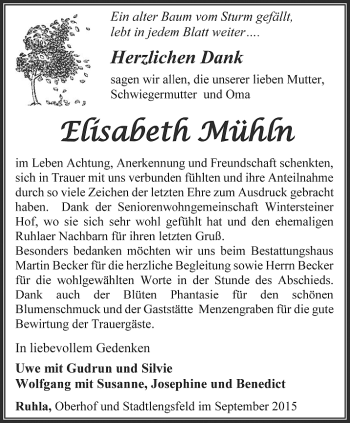 Traueranzeige von Elisabeth Mühln von Thüringer Allgemeine, Thüringische Landeszeitung