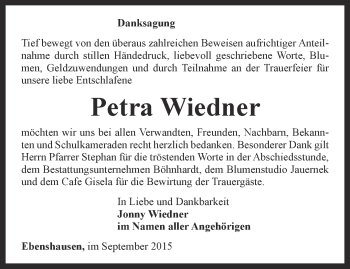 Traueranzeige von Petra Wiedner von Thüringer Allgemeine, Thüringische Landeszeitung