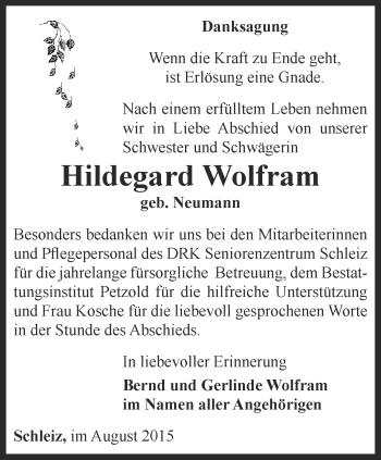 Traueranzeige von Hildegard Wolfram von Ostthüringer Zeitung