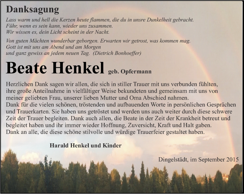  Traueranzeige für Beate Henkel vom 26.09.2015 aus Thüringer Allgemeine, Thüringische Landeszeitung