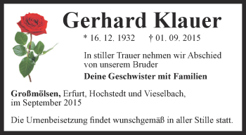 Traueranzeige von Gerhard Klauer von Thüringer Allgemeine, Thüringische Landeszeitung