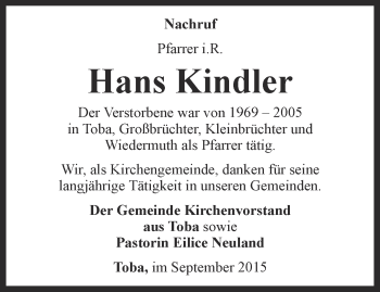 Traueranzeige von Hans Kindler von Thüringer Allgemeine