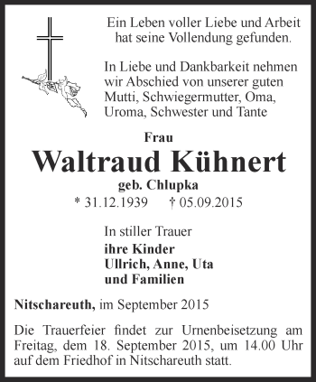 Traueranzeige von Waltraud Kühnert von Ostthüringer Zeitung