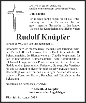 Traueranzeige von Rudolf Knüpfer von Ostthüringer Zeitung