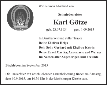 Traueranzeige von Karl Götze von Thüringer Allgemeine, Thüringische Landeszeitung