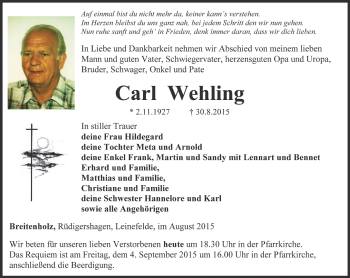 Traueranzeige von Carl Wehling von Thüringer Allgemeine