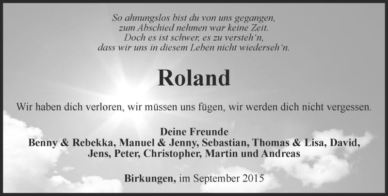  Traueranzeige für Roland Schlecht vom 02.09.2015 aus Thüringer Allgemeine