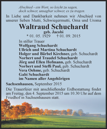 Traueranzeige von Waltraud Schuchardt von Thüringer Allgemeine, Thüringische Landeszeitung