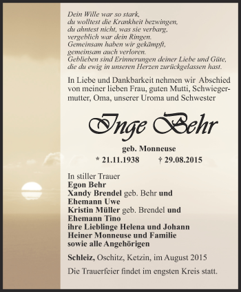 Traueranzeige von Inge Behr von Ostthüringer Zeitung