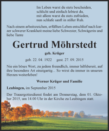 Traueranzeige von Gertrud Möhrstedt von Thüringer Allgemeine