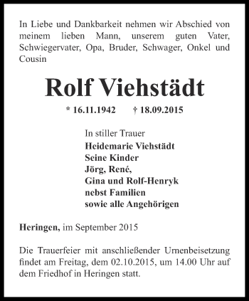 Traueranzeige von Rolf Viehstädt von Thüringer Allgemeine
