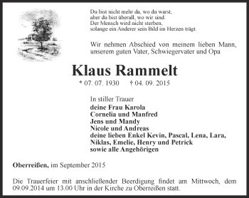 Traueranzeige von Klaus Rammelt von Thüringer Allgemeine, Thüringische Landeszeitung