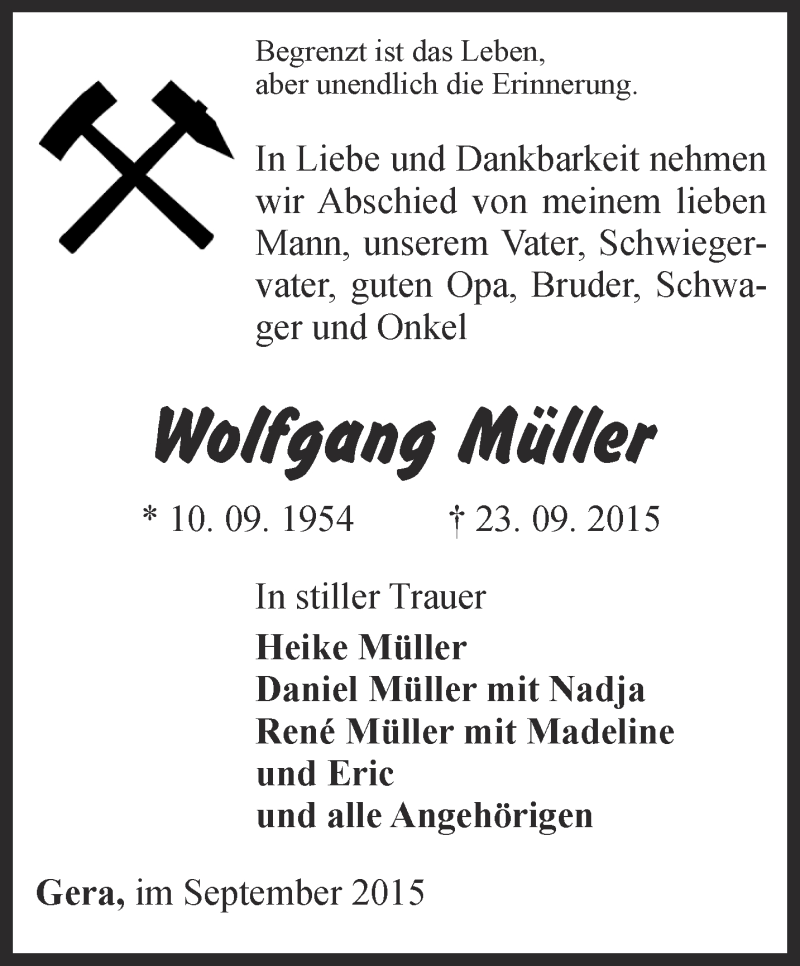  Traueranzeige für Wolfgang Müller vom 26.09.2015 aus Ostthüringer Zeitung