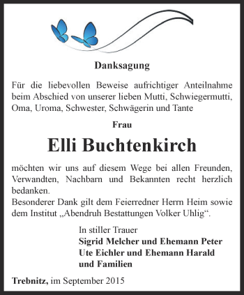 Traueranzeige von Elli Buchtenkirch von Ostthüringer Zeitung