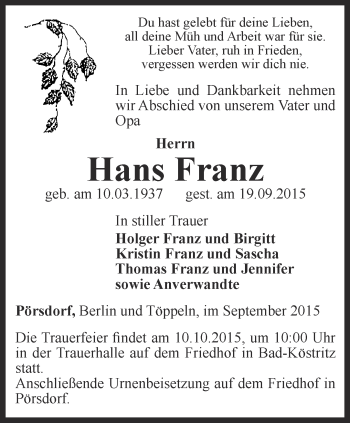 Traueranzeige von Hans Franz von Ostthüringer Zeitung