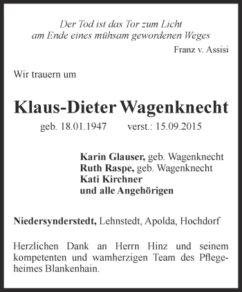 Traueranzeige von Klaus-Dieter Wagenknecht von Thüringer Allgemeine, Thüringische Landeszeitung