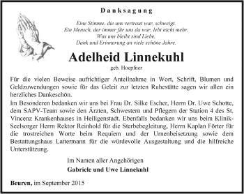 Traueranzeige von Adelheid Linnekuhl von Thüringer Allgemeine