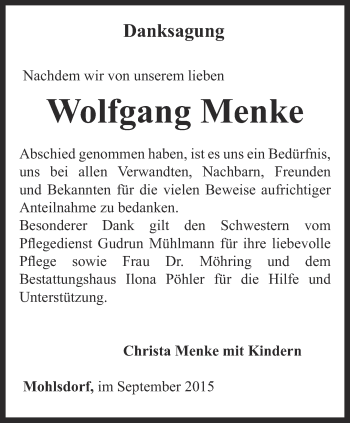 Traueranzeige von Wolfgang Menke von Ostthüringer Zeitung