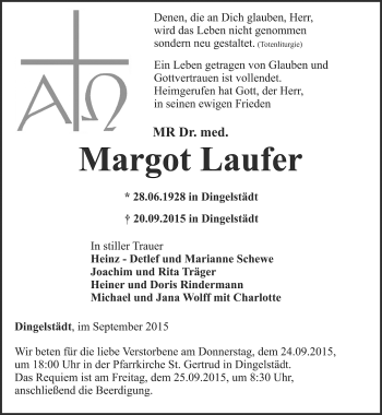 Traueranzeige von Margot Laufer von Thüringer Allgemeine