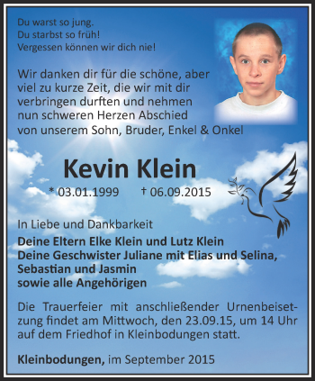Traueranzeige von Kevin Klein von Thüringer Allgemeine
