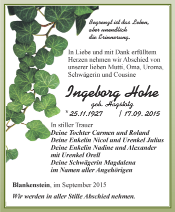 Traueranzeige von Ingeborg Hohe von Ostthüringer Zeitung