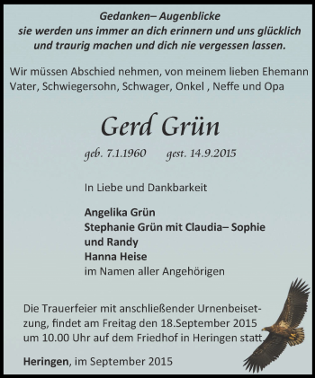 Traueranzeige von Gerd Grün von Thüringer Allgemeine