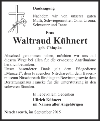 Traueranzeige von Waltraud Kühnert von Ostthüringer Zeitung