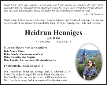 Traueranzeige von Heidrun Henniges von Ostthüringer Zeitung, Thüringische Landeszeitung